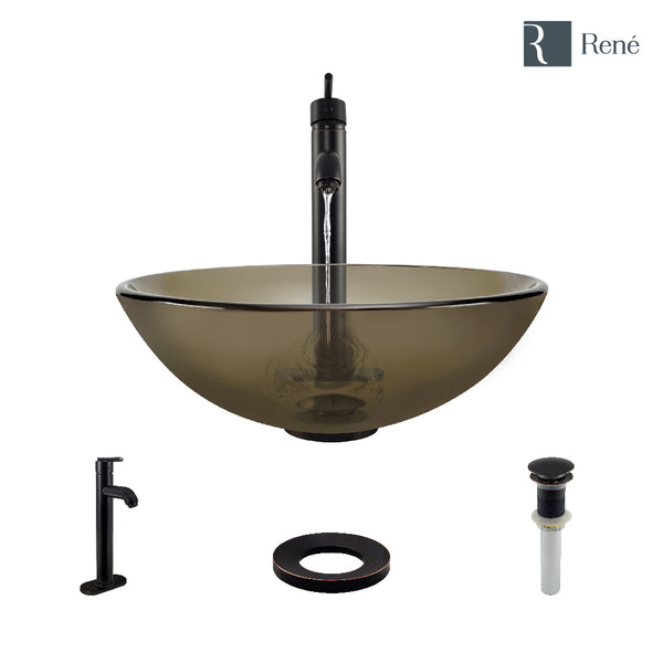 Rene 17" Round Glass Bathroom Sink, Cashmere, with Faucet, R5-5001-CAS-R9-7001-ABR