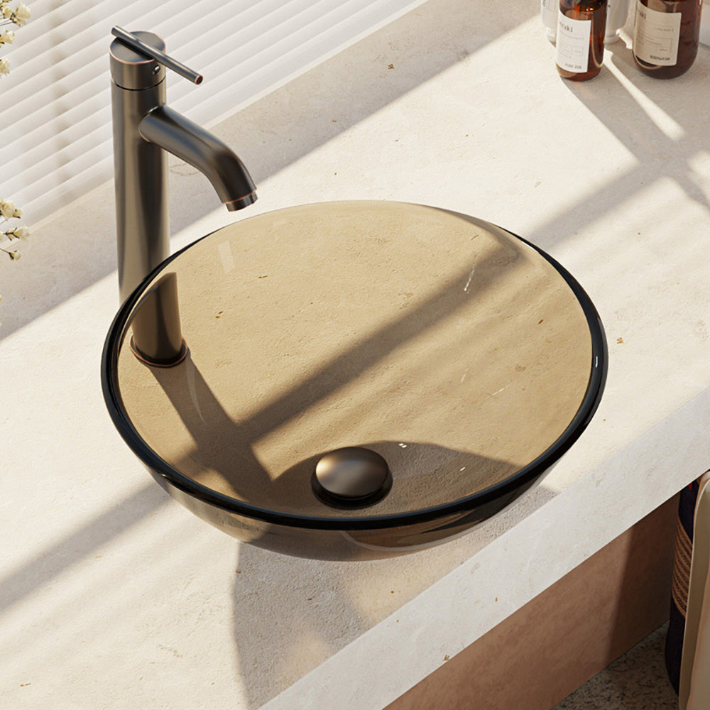 Rene 17" Round Glass Bathroom Sink, Cashmere, with Faucet, R5-5001-CAS-R9-7001-ABR - The Sink Boutique