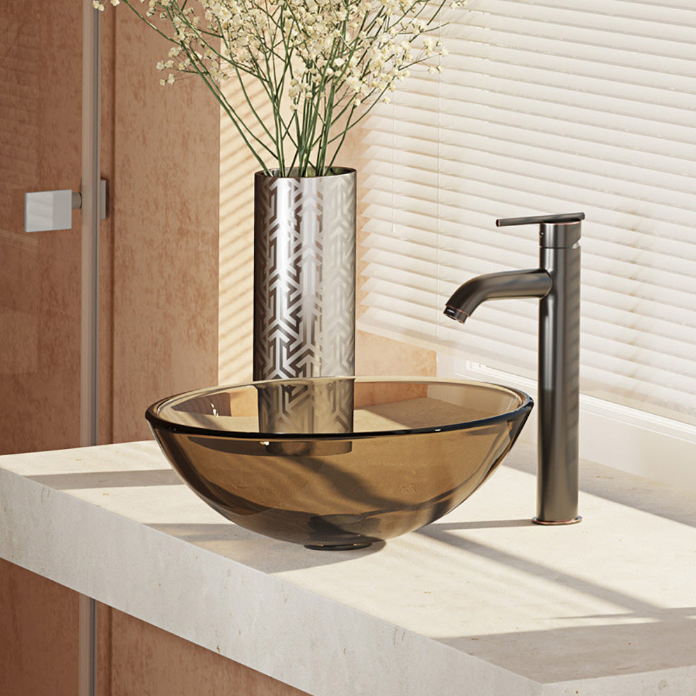 Rene 17" Round Glass Bathroom Sink, Cashmere, with Faucet, R5-5001-CAS-R9-7001-ABR - The Sink Boutique