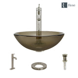 Rene 17" Round Glass Bathroom Sink, Cashmere, with Faucet, R5-5001-CAS-R9-7001-BN