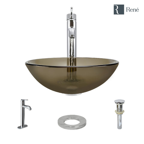 Rene 17" Round Glass Bathroom Sink, Cashmere, with Faucet, R5-5001-CAS-R9-7001-C