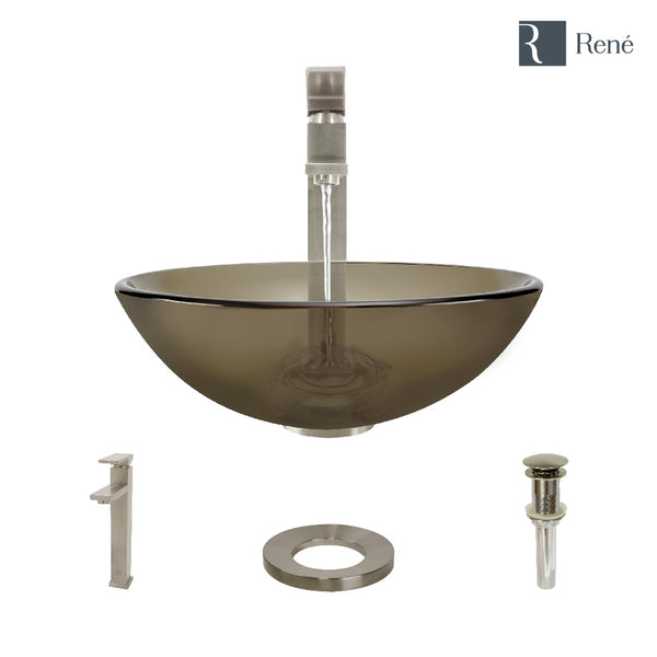 Rene 17" Round Glass Bathroom Sink, Cashmere, with Faucet, R5-5001-CAS-R9-7003-BN
