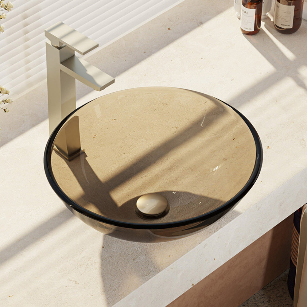 Rene 17" Round Glass Bathroom Sink, Cashmere, with Faucet, R5-5001-CAS-R9-7003-BN - The Sink Boutique