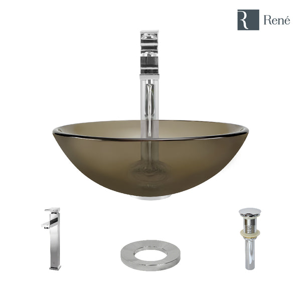 Rene 17" Round Glass Bathroom Sink, Cashmere, with Faucet, R5-5001-CAS-R9-7003-C