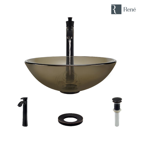 Rene 17" Round Glass Bathroom Sink, Cashmere, with Faucet, R5-5001-CAS-R9-7006-ABR