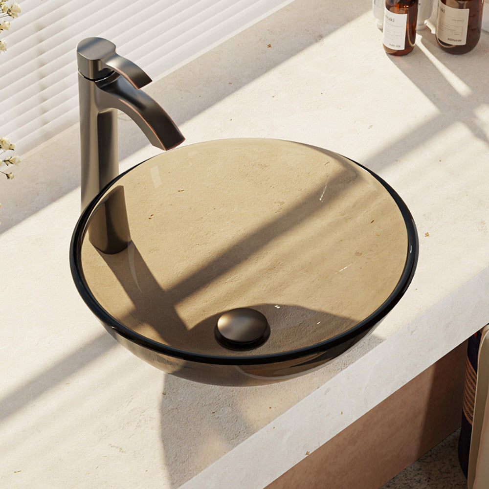 Rene 17" Round Glass Bathroom Sink, Cashmere, with Faucet, R5-5001-CAS-R9-7006-ABR - The Sink Boutique