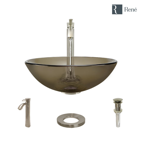 Rene 17" Round Glass Bathroom Sink, Cashmere, with Faucet, R5-5001-CAS-R9-7006-BN