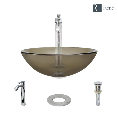 Rene 17" Round Glass Bathroom Sink, Cashmere, with Faucet, R5-5001-CAS-R9-7006-C