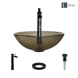 Rene 17" Round Glass Bathroom Sink, Cashmere, with Faucet, R5-5001-CAS-R9-7007-ABR