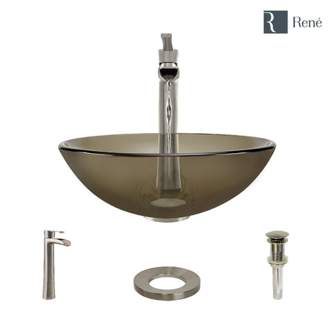 Rene 17" Round Glass Bathroom Sink, Cashmere, with Faucet, R5-5001-CAS-R9-7007-BN