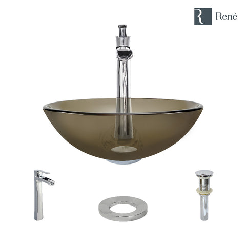 Rene 17" Round Glass Bathroom Sink, Cashmere, with Faucet, R5-5001-CAS-R9-7007-C