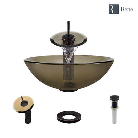 Rene 17" Round Glass Bathroom Sink, Cashmere, with Faucet, R5-5001-CAS-WF-ABR