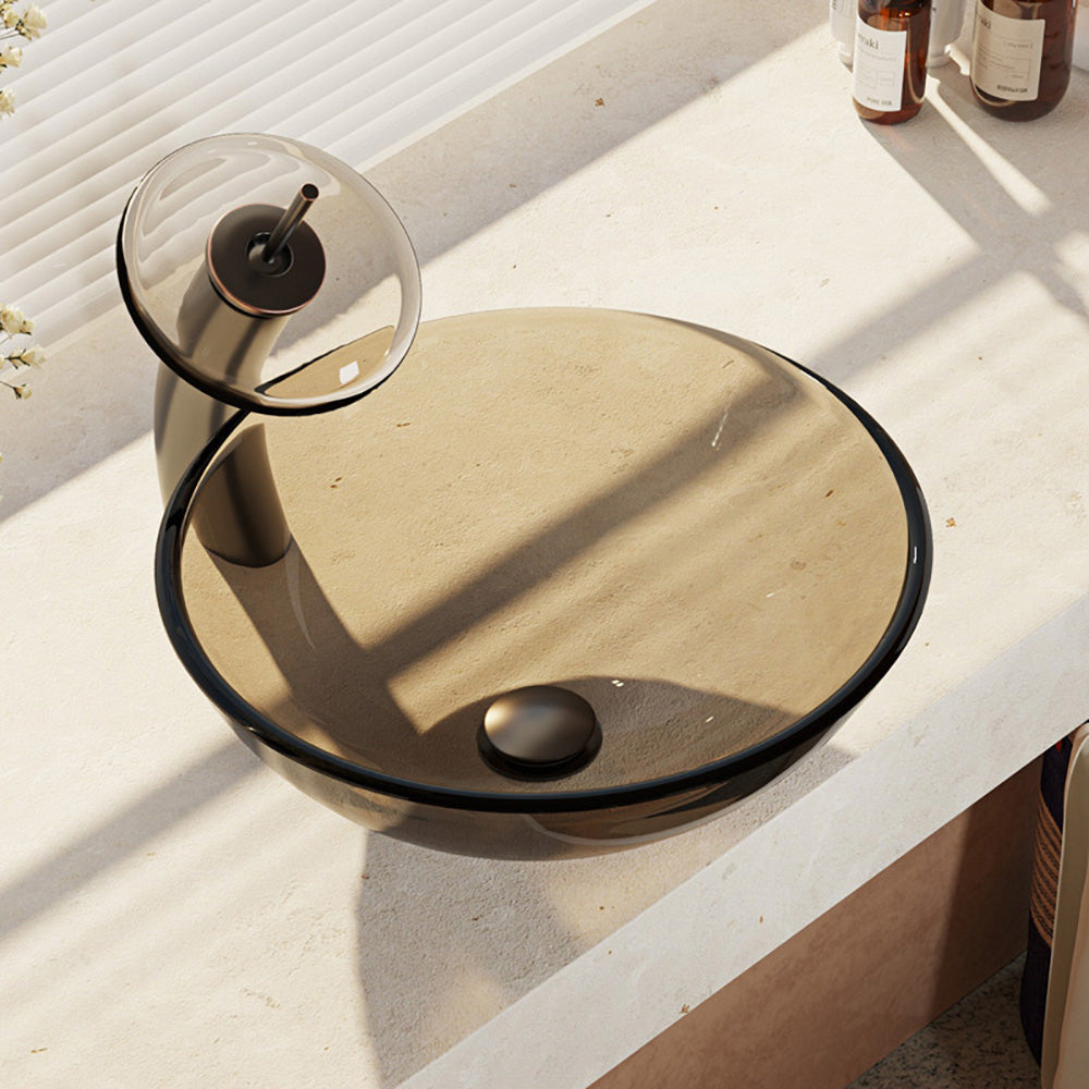 Rene 17" Round Glass Bathroom Sink, Cashmere, with Faucet, R5-5001-CAS-WF-ABR - The Sink Boutique