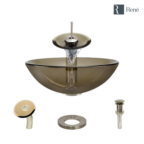 Rene 17" Round Glass Bathroom Sink, Cashmere, with Faucet, R5-5001-CAS-WF-BN