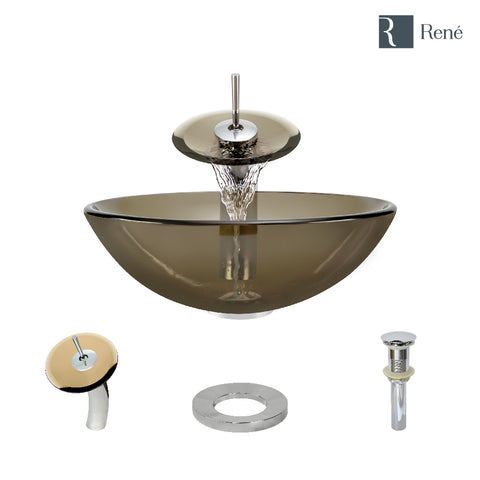 Rene 17" Round Glass Bathroom Sink, Cashmere, with Faucet, R5-5001-CAS-WF-C