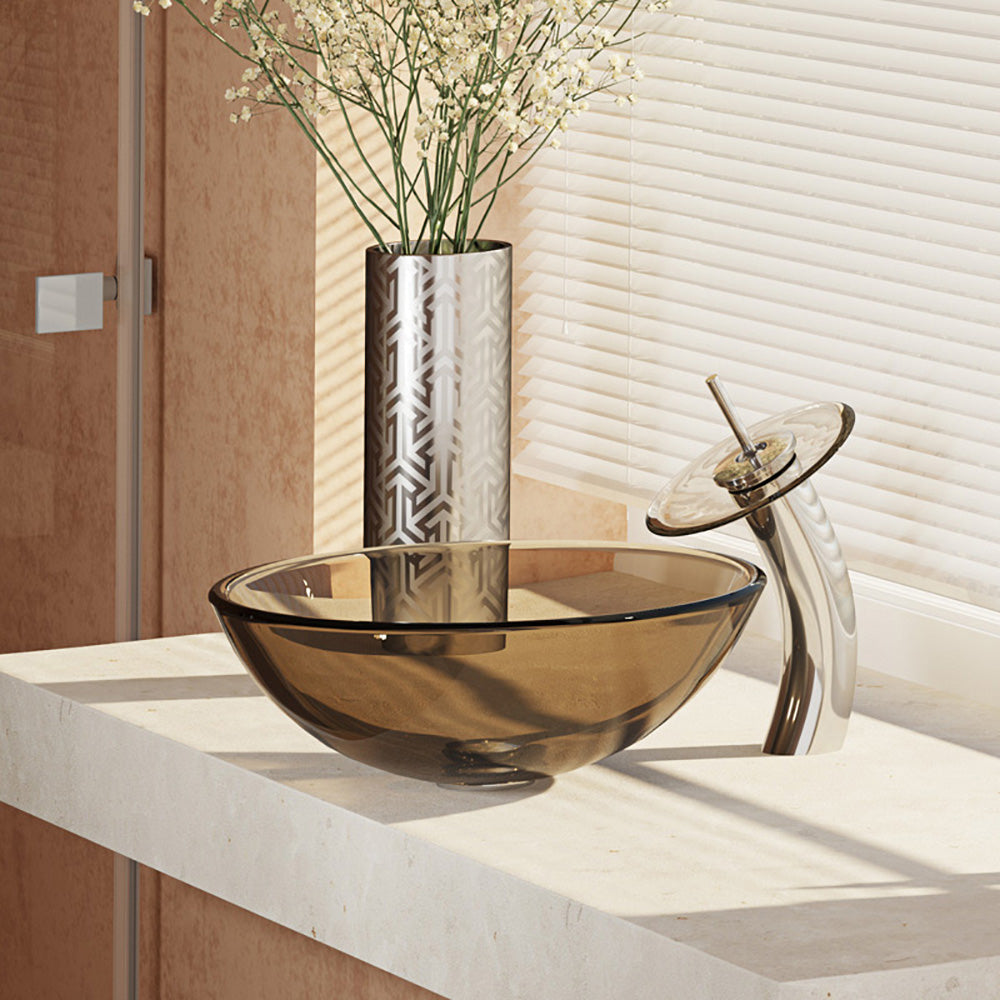 Rene 17" Round Glass Bathroom Sink, Cashmere, with Faucet, R5-5001-CAS-WF-C - The Sink Boutique