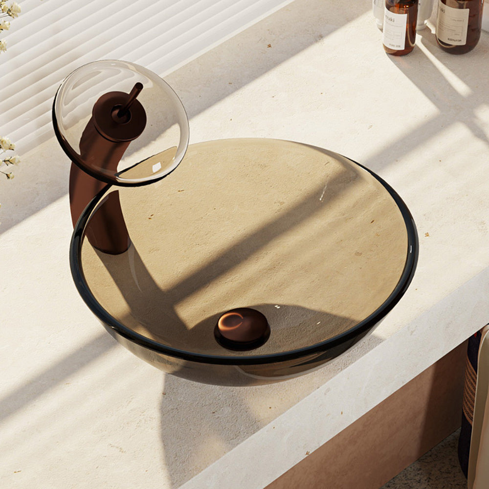 Rene 17" Round Glass Bathroom Sink, Cashmere, with Faucet, R5-5001-CAS-WF-ORB - The Sink Boutique