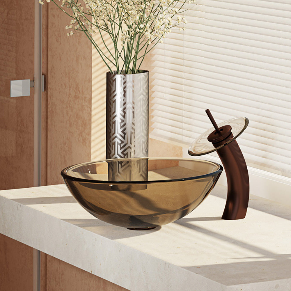 Rene 17" Round Glass Bathroom Sink, Cashmere, with Faucet, R5-5001-CAS-WF-ORB - The Sink Boutique