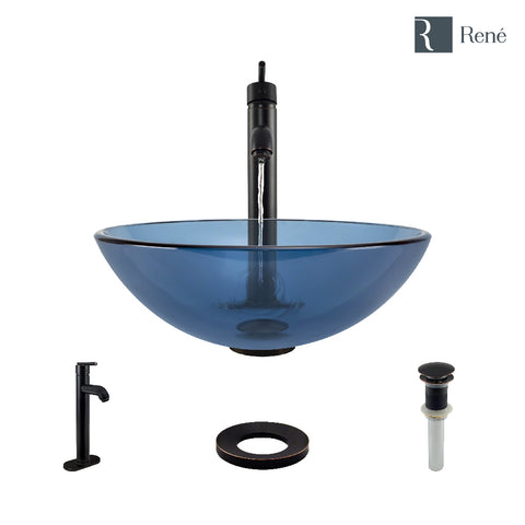 Rene 17" Round Glass Bathroom Sink, Celeste, with Faucet, R5-5001-CEL-R9-7001-ABR