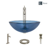 Rene 17" Round Glass Bathroom Sink, Celeste, with Faucet, R5-5001-CEL-R9-7001-BN
