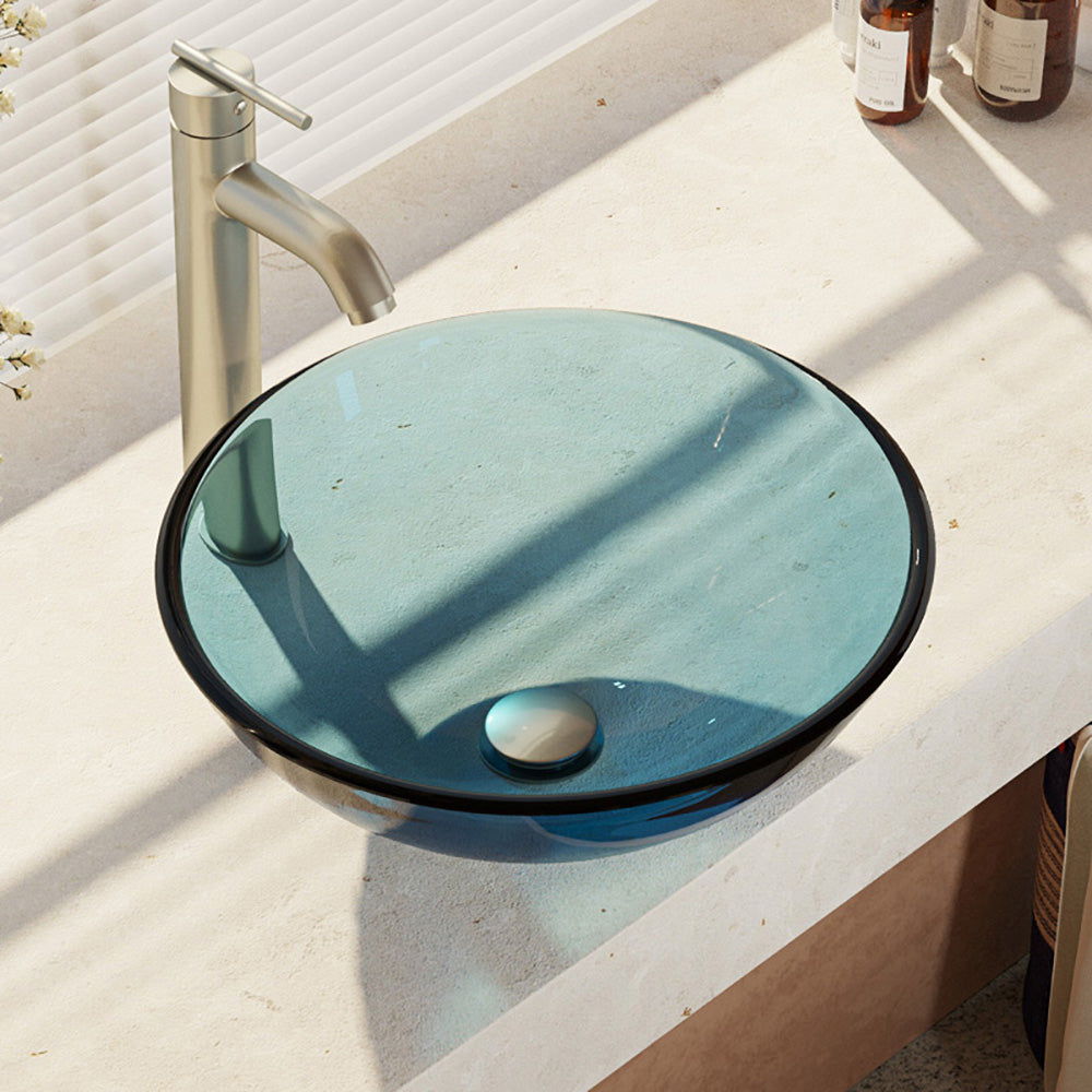 Rene 17" Round Glass Bathroom Sink, Celeste, with Faucet, R5-5001-CEL-R9-7001-BN - The Sink Boutique