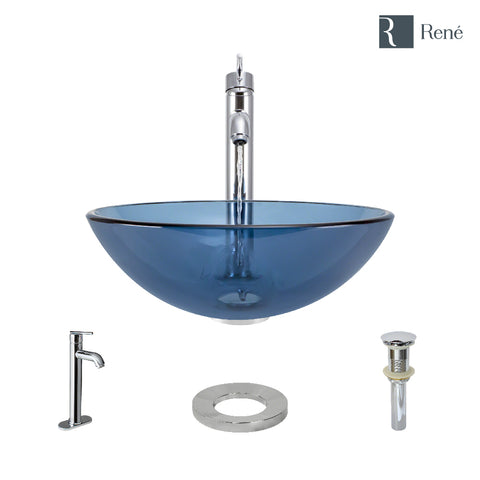 Rene 17" Round Glass Bathroom Sink, Celeste, with Faucet, R5-5001-CEL-R9-7001-C