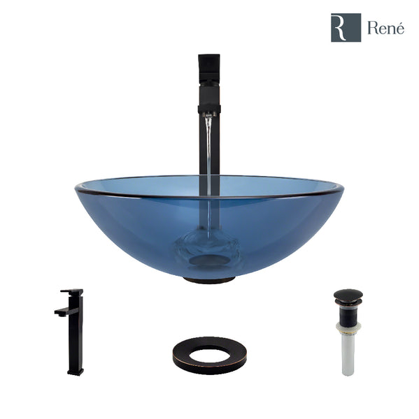 Rene 17" Round Glass Bathroom Sink, Celeste, with Faucet, R5-5001-CEL-R9-7003-ABR