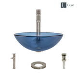 Rene 17" Round Glass Bathroom Sink, Celeste, with Faucet, R5-5001-CEL-R9-7003-BN