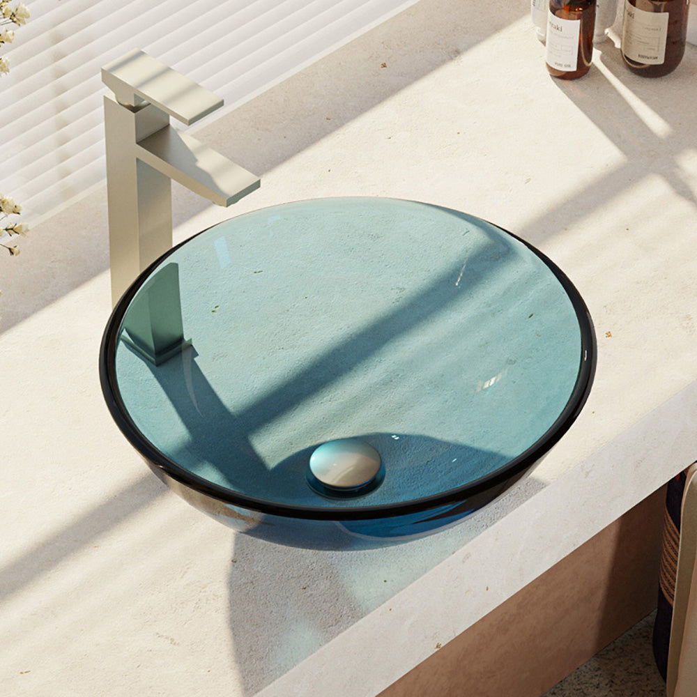 Rene 17" Round Glass Bathroom Sink, Celeste, with Faucet, R5-5001-CEL-R9-7003-BN - The Sink Boutique