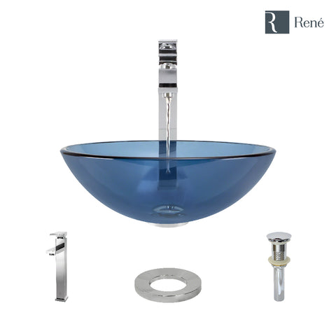 Rene 17" Round Glass Bathroom Sink, Celeste, with Faucet, R5-5001-CEL-R9-7003-C