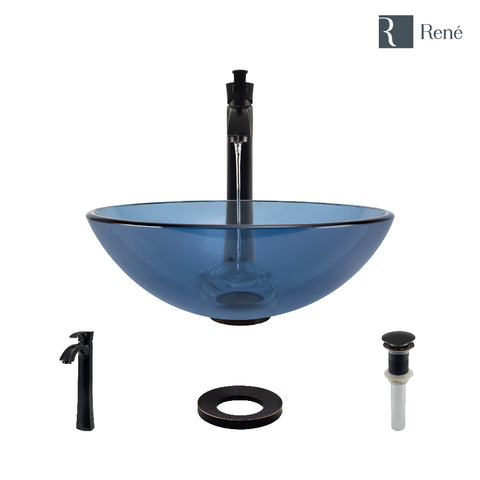 Rene 17" Round Glass Bathroom Sink, Celeste, with Faucet, R5-5001-CEL-R9-7006-ABR