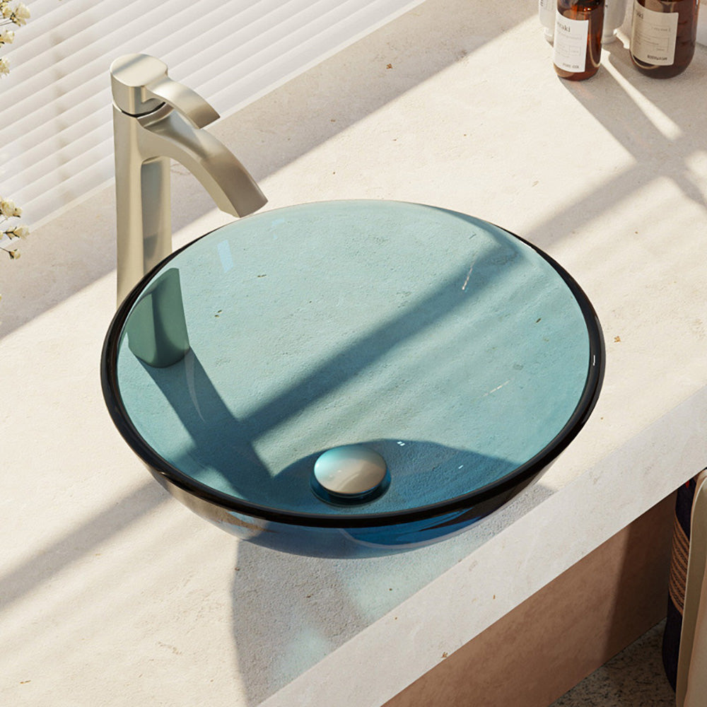 Rene 17" Round Glass Bathroom Sink, Celeste, with Faucet, R5-5001-CEL-R9-7006-BN - The Sink Boutique