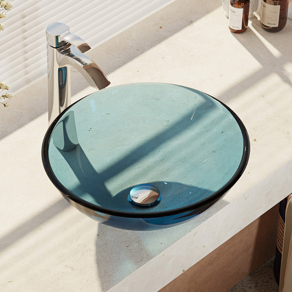 Rene 17" Round Glass Bathroom Sink, Celeste, with Faucet, R5-5001-CEL-R9-7006-C - The Sink Boutique