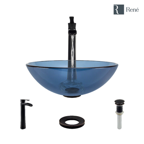 Rene 17" Round Glass Bathroom Sink, Celeste, with Faucet, R5-5001-CEL-R9-7007-ABR