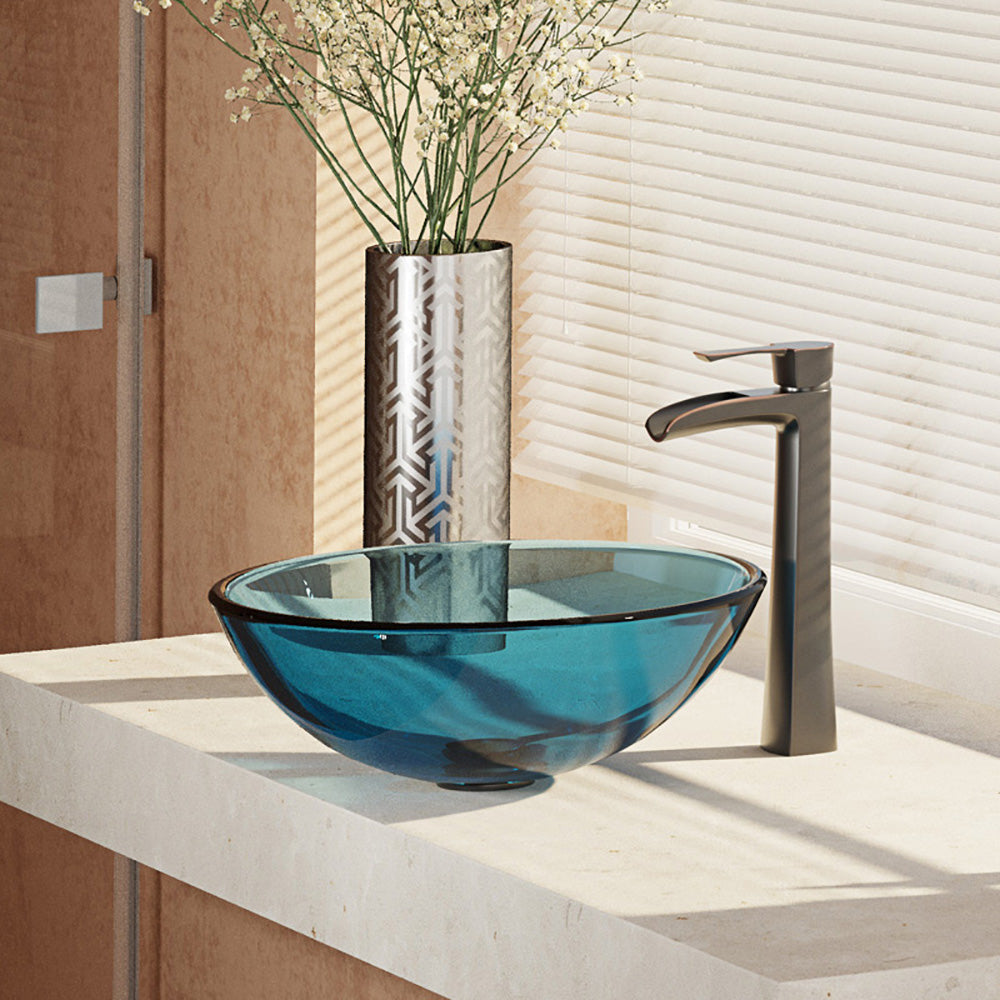 Rene 17" Round Glass Bathroom Sink, Celeste, with Faucet, R5-5001-CEL-R9-7007-ABR - The Sink Boutique