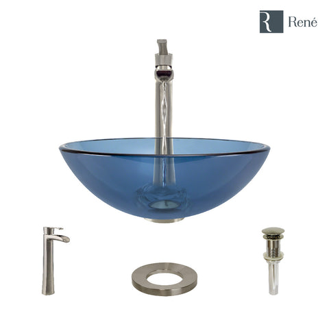 Rene 17" Round Glass Bathroom Sink, Celeste, with Faucet, R5-5001-CEL-R9-7007-BN