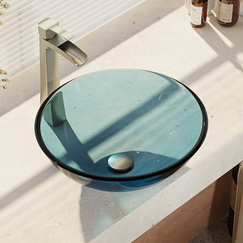 Alternate Image for Rene 17" Round Glass Bathroom Sink, Celeste, with Faucet, R5-5001-CEL-R9-7007-BN