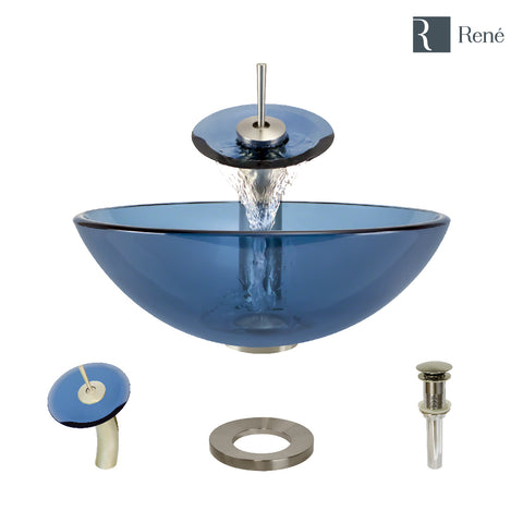 Rene 17" Round Glass Bathroom Sink, Celeste, with Faucet, R5-5001-CEL-WF-BN