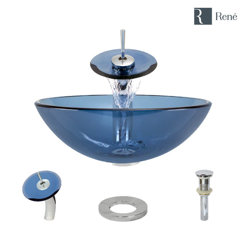 Rene 17" Round Glass Bathroom Sink, Celeste, with Faucet, R5-5001-CEL-WF-C