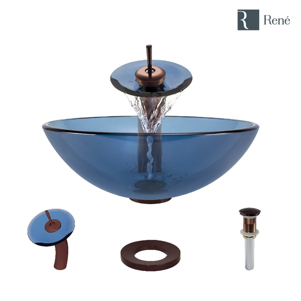 Rene 17" Round Glass Bathroom Sink, Celeste, with Faucet, R5-5001-CEL-WF-ORB