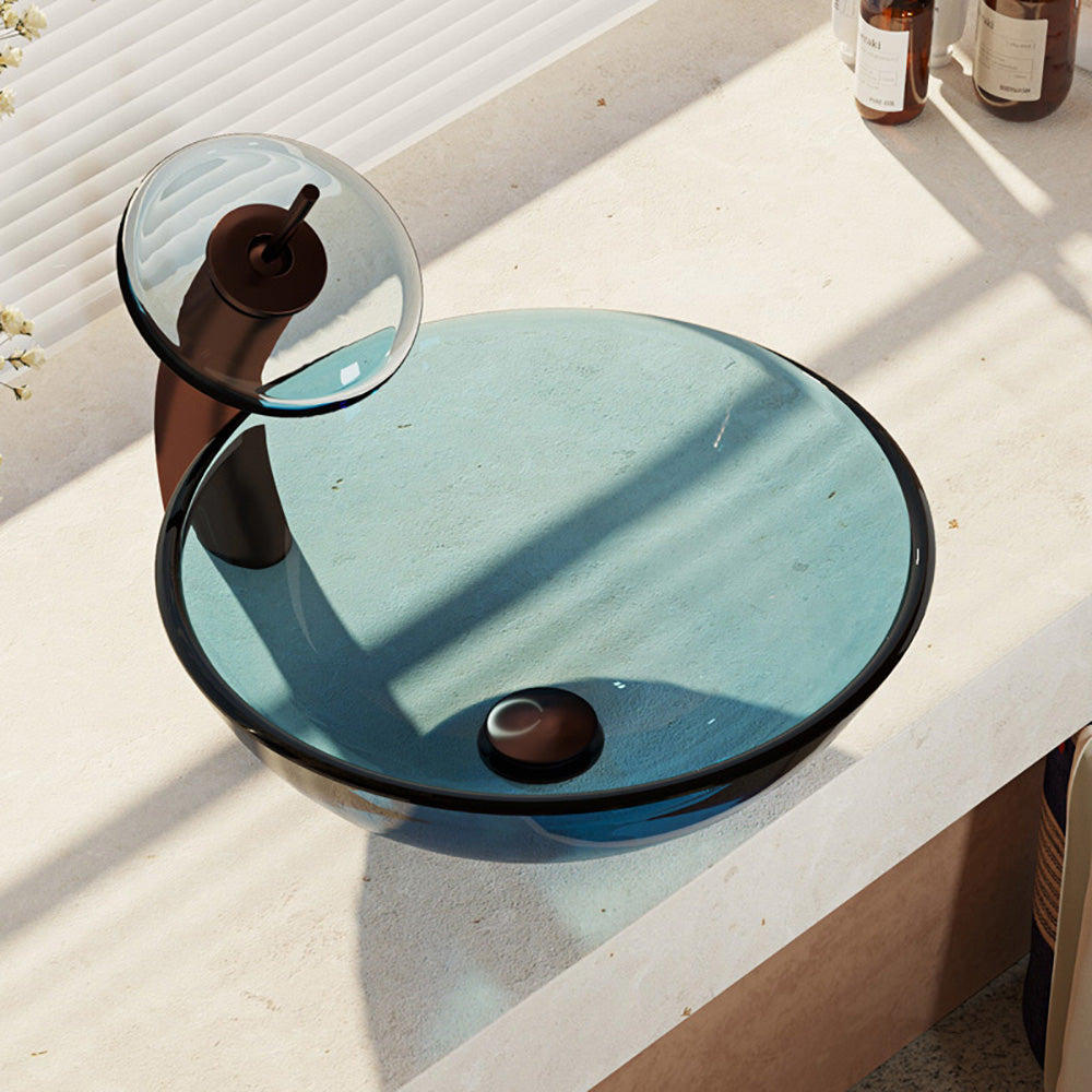Rene 17" Round Glass Bathroom Sink, Celeste, with Faucet, R5-5001-CEL-WF-ORB - The Sink Boutique
