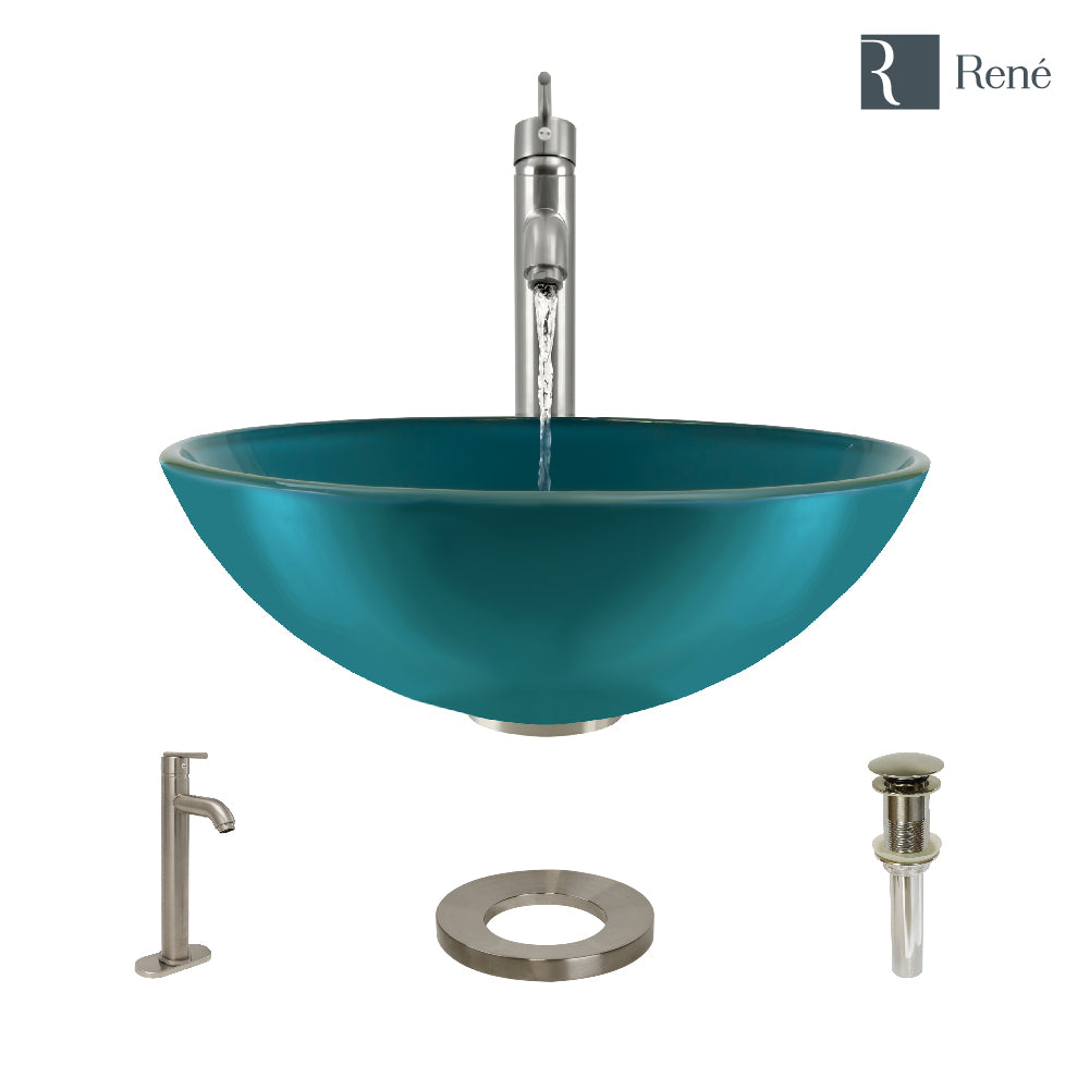 Rene 17" Round Glass Bathroom Sink, Cerulean, with Faucet, R5-5001-CER-R9-7001-BN