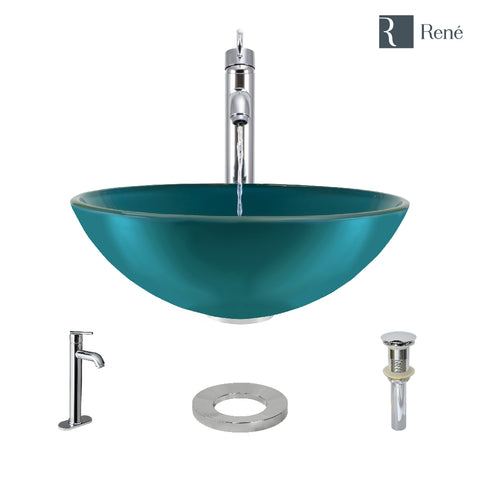 Rene 17" Round Glass Bathroom Sink, Cerulean, with Faucet, R5-5001-CER-R9-7001-C