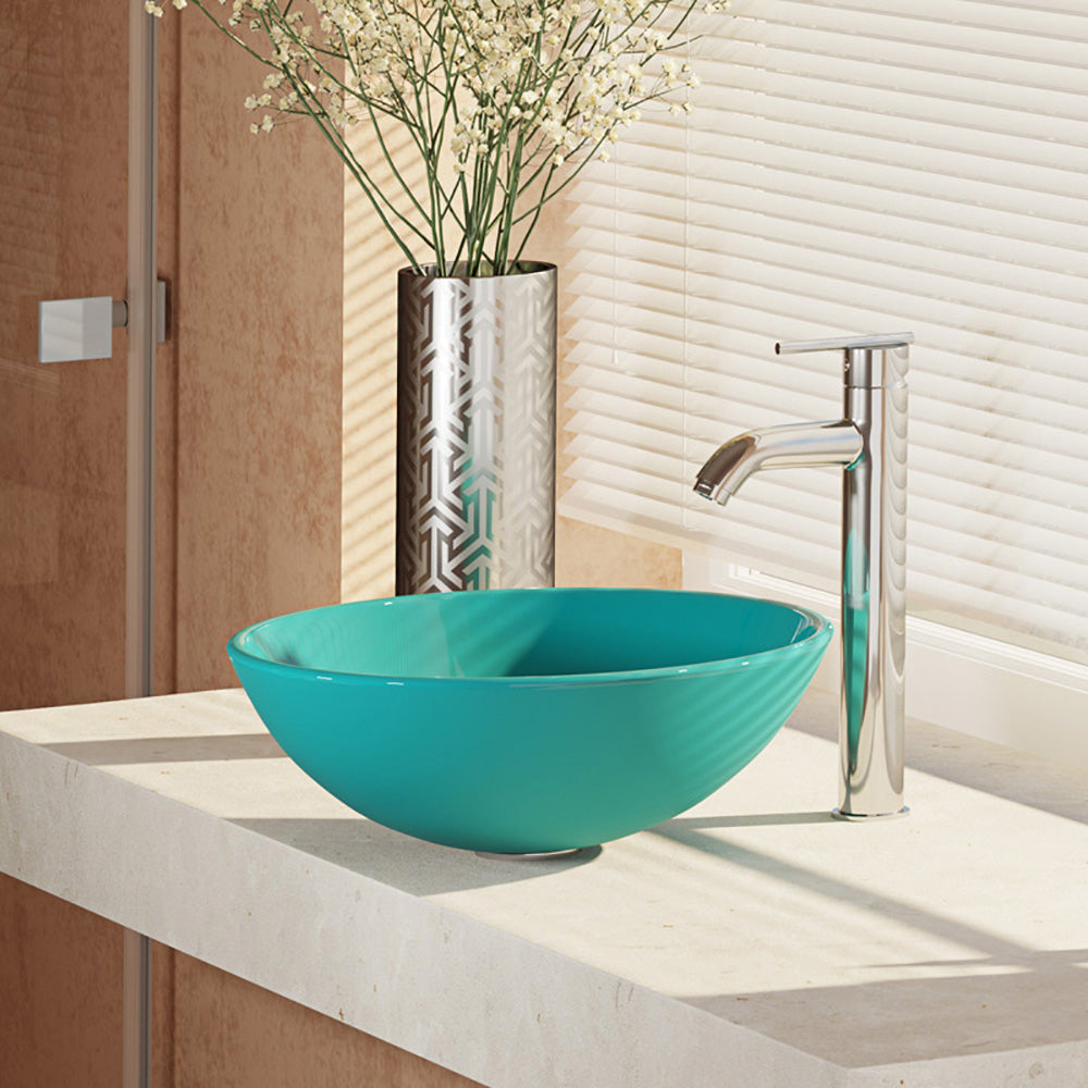Rene 17" Round Glass Bathroom Sink, Cerulean, with Faucet, R5-5001-CER-R9-7001-C - The Sink Boutique