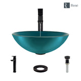 Rene 17" Round Glass Bathroom Sink, Cerulean, with Faucet, R5-5001-CER-R9-7003-ABR
