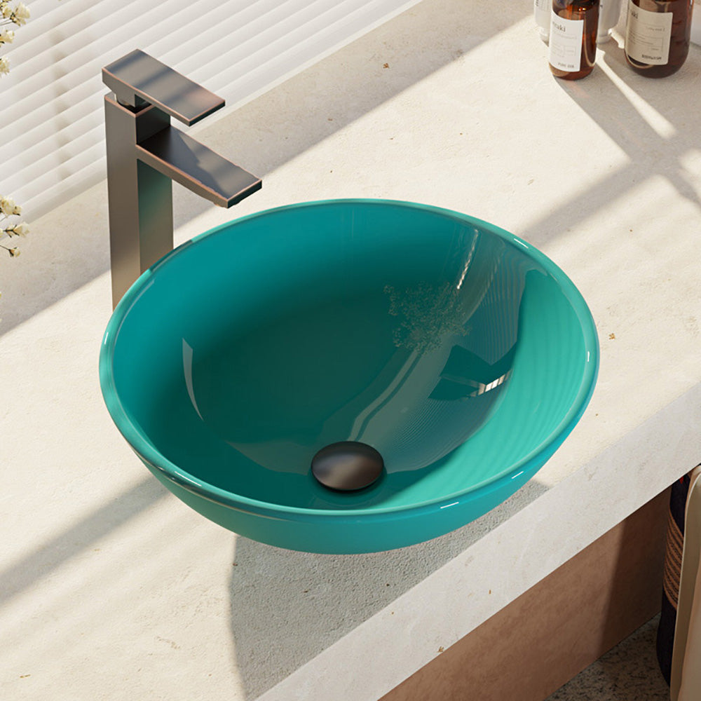 Rene 17" Round Glass Bathroom Sink, Cerulean, with Faucet, R5-5001-CER-R9-7003-ABR - The Sink Boutique