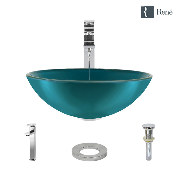 Rene 17" Round Glass Bathroom Sink, Cerulean, with Faucet, R5-5001-CER-R9-7003-C