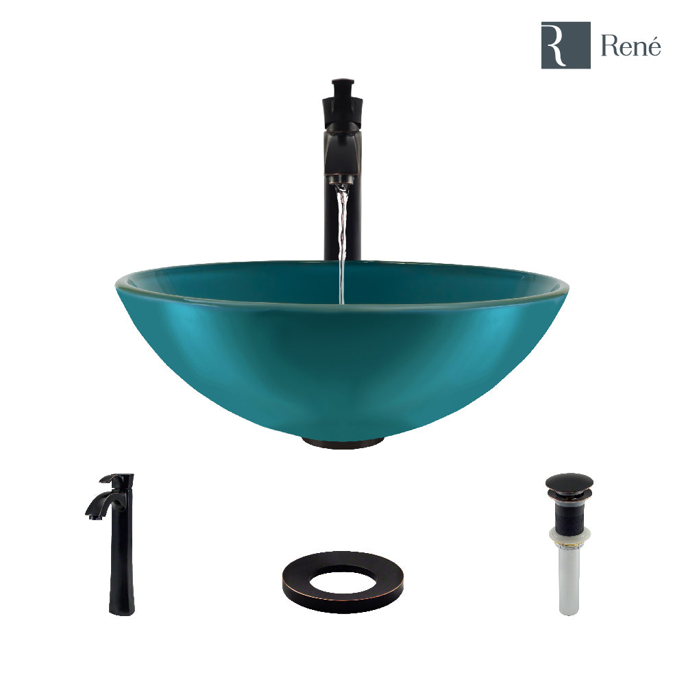 Rene 17" Round Glass Bathroom Sink, Cerulean, with Faucet, R5-5001-CER-R9-7006-ABR