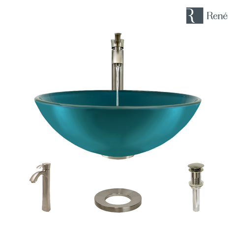Rene 17" Round Glass Bathroom Sink, Cerulean, with Faucet, R5-5001-CER-R9-7006-BN