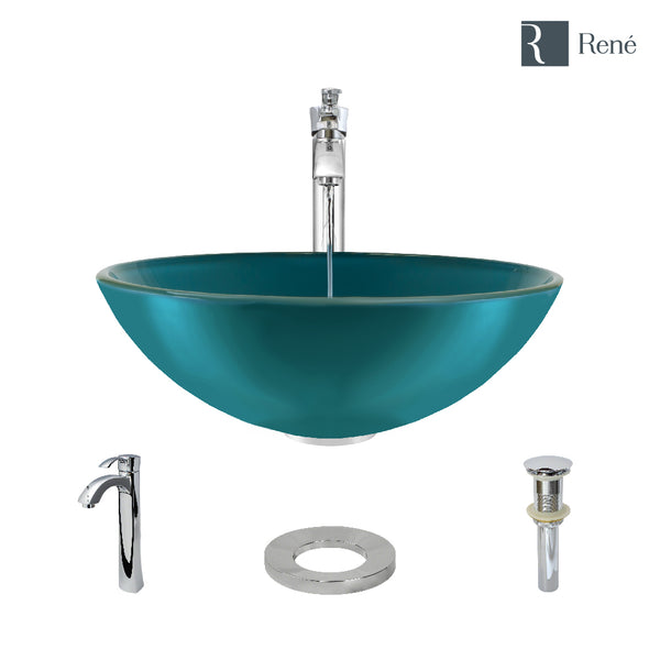 Rene 17" Round Glass Bathroom Sink, Cerulean, with Faucet, R5-5001-CER-R9-7006-C
